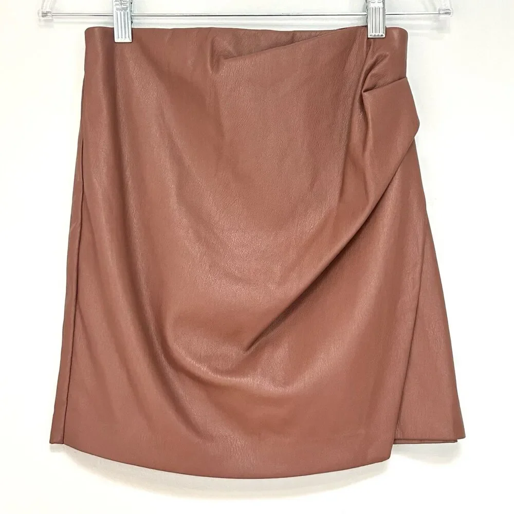 Wilfred Aritzia Faux Leather Wrap‎ Mini Skirt Womens 2 Brown Draped Vegan